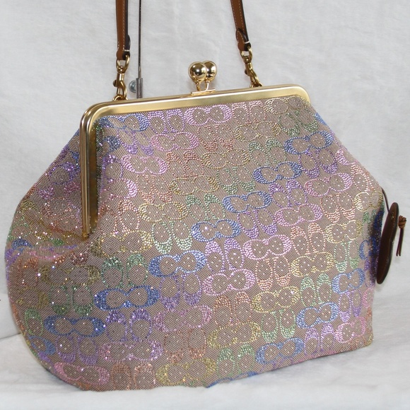 NWT COACH LARGE Oversized Kisslock Frame Bag Rainbow Crystal Signature Jacquard - Picture 5 of 9